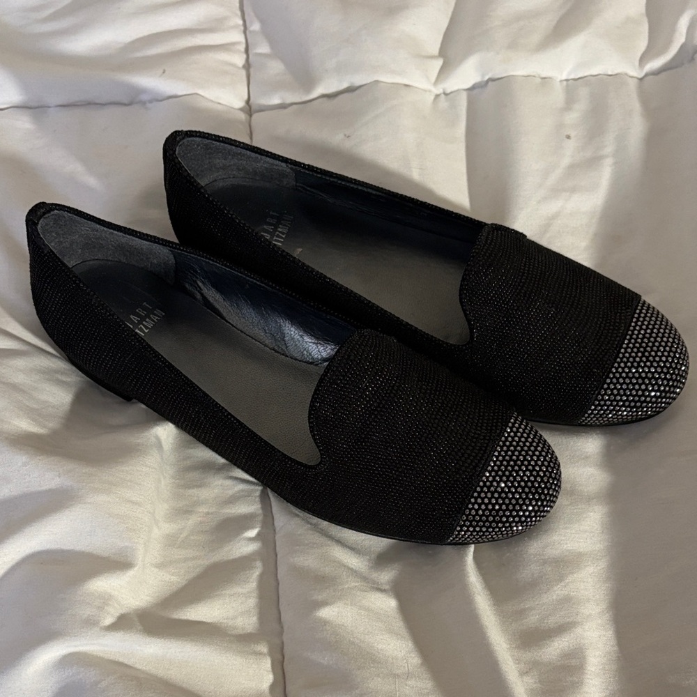 Stuart Weitzman Beaded Rhinestone and Studded Silver Toe Loafers